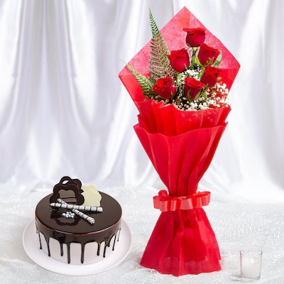 Red Roses Bouquet With Chocolate Cake image